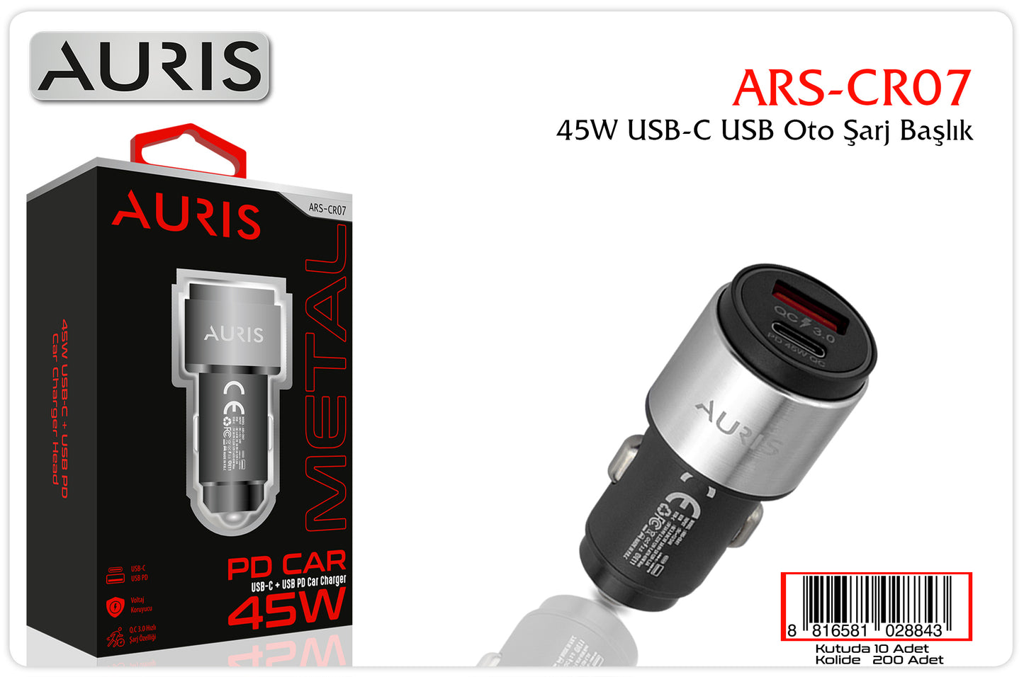 Auris CR07 45W Usb+PD Oto Kafa Metal