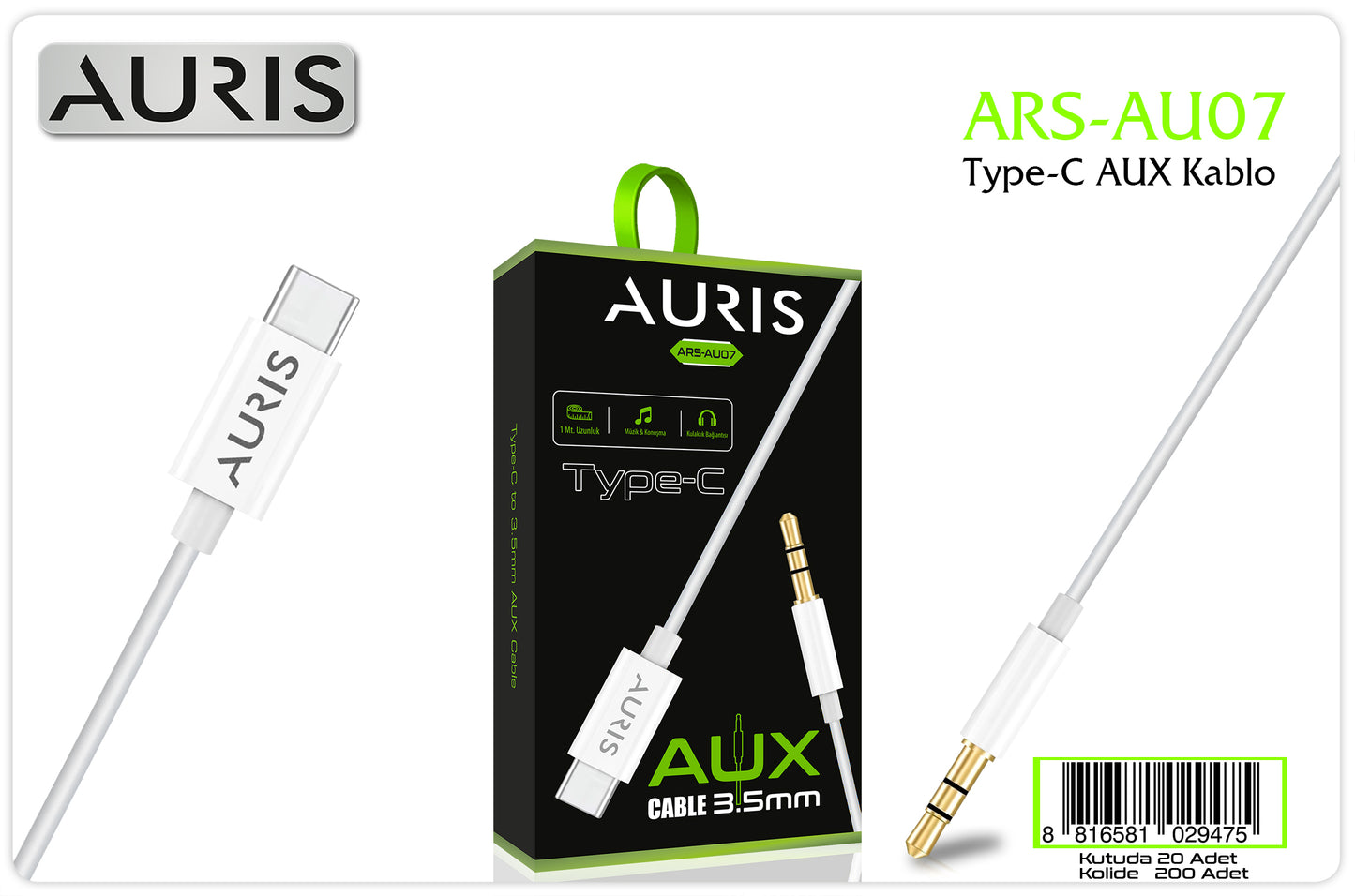 Toptan Aux Kablosu | Auris AU07 Type-C Aux Kablo