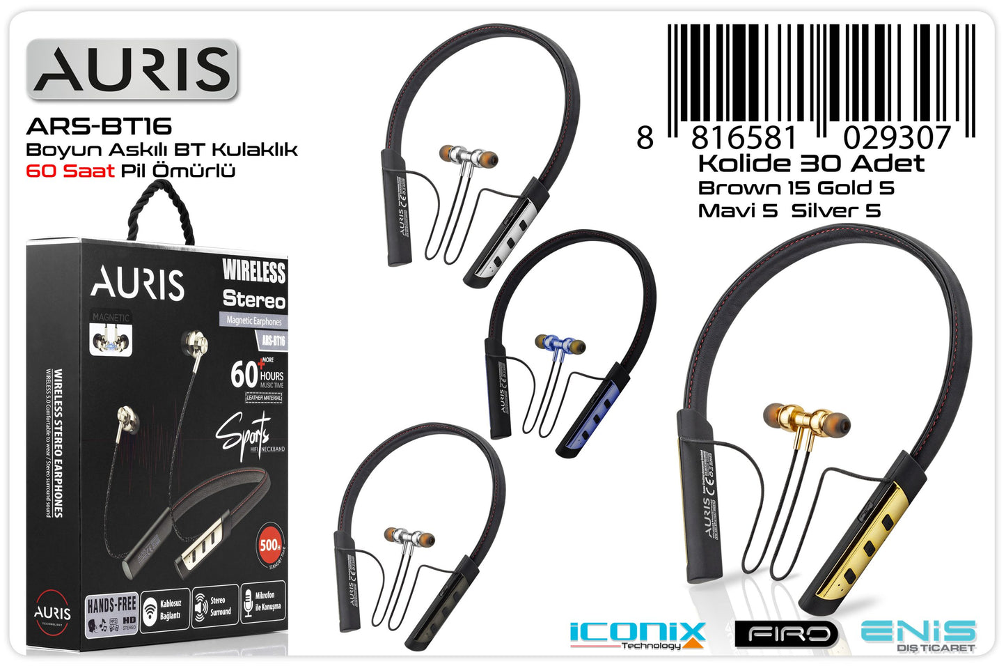 Toptan Bluetooth Kulaklık | Auris BT16 60 Saat Boyun Askılı