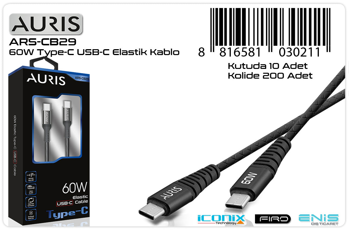 Toptan Şarj Kablosu | Auris CB29 Usb-C Type-C Metal 60W