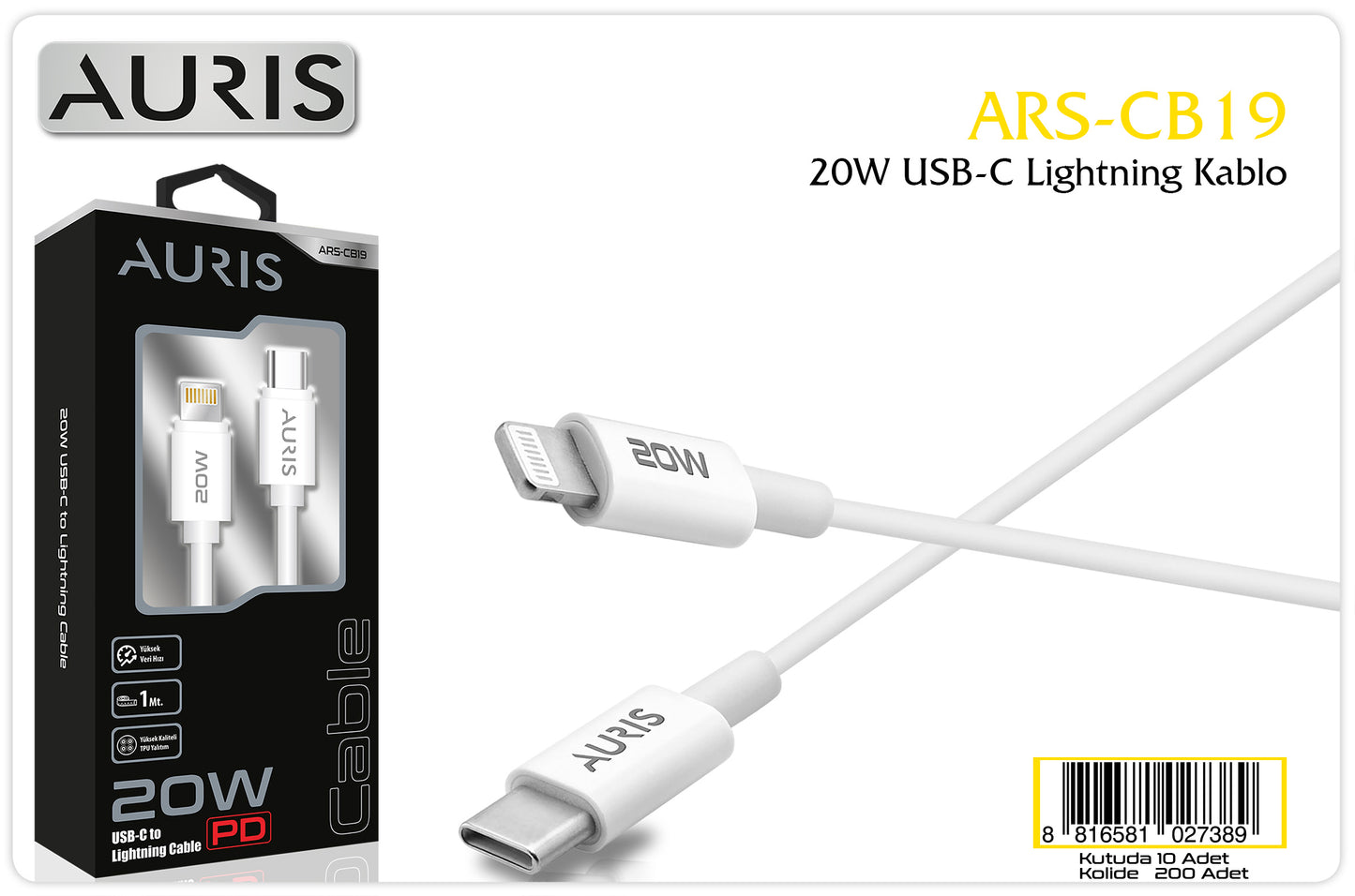 Toptan Şarj Kablosu | Auris CB19 20W Usb-C-Lightning Kablo