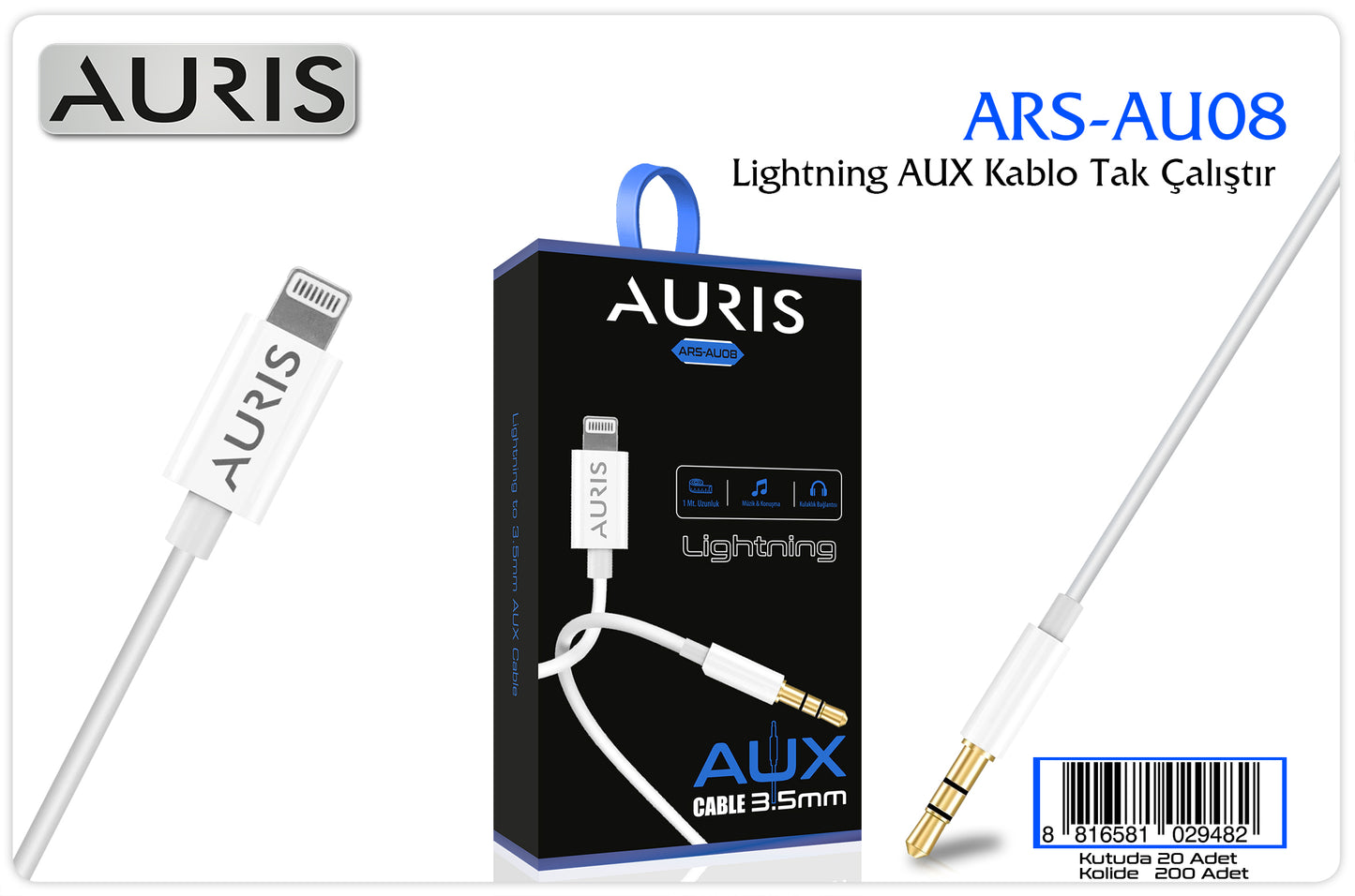 Toptan Aux Kablosu | Auris AU08 Lightning Aux