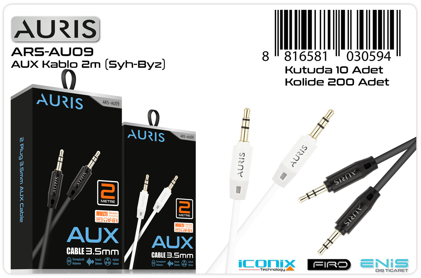 Toptan Aux Kablosu | Auris AU09 Aux Kablo 2M