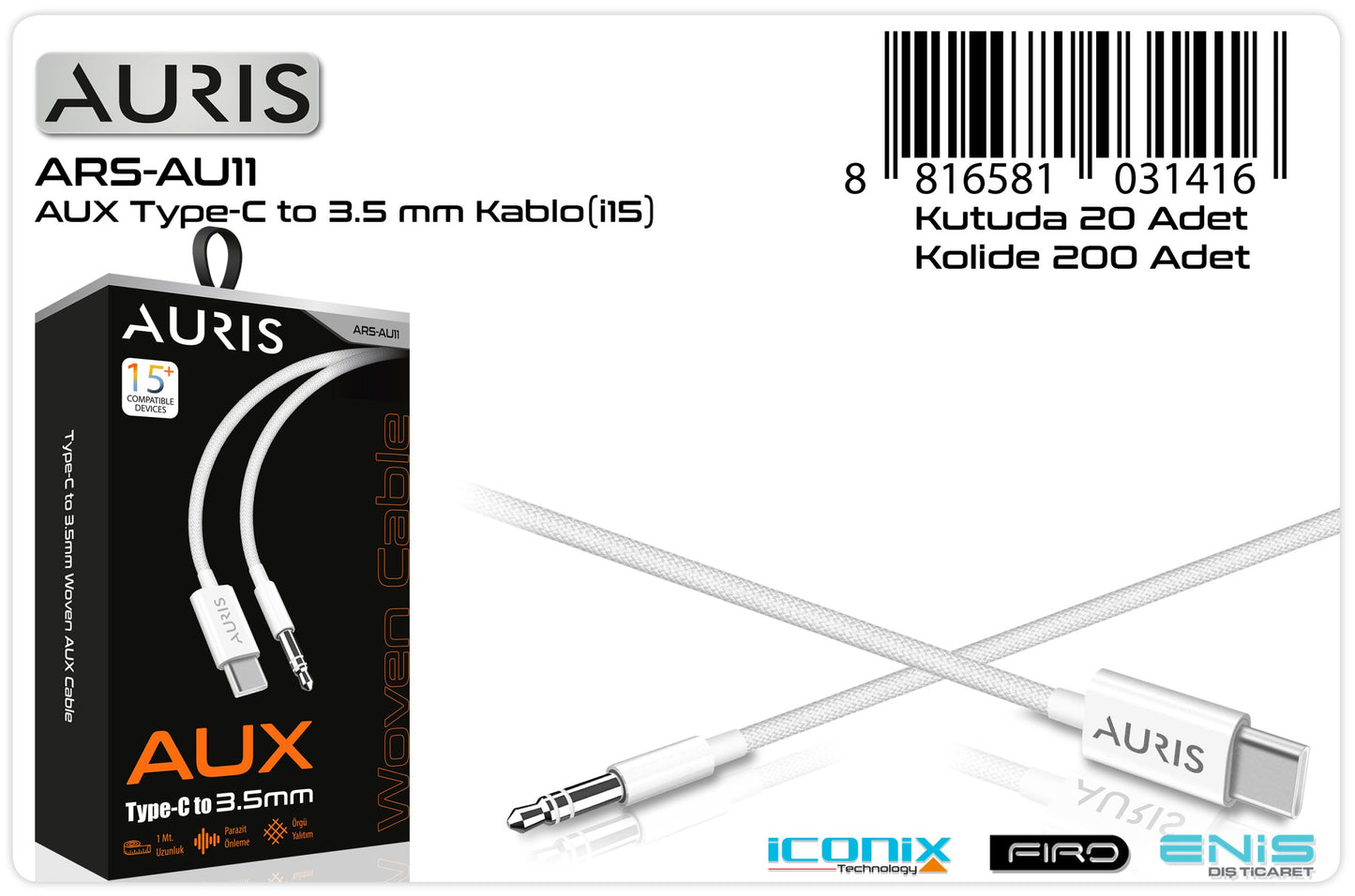 Toptan Aux Kablosu | Auris AU11 (İ15) Type-C Aux