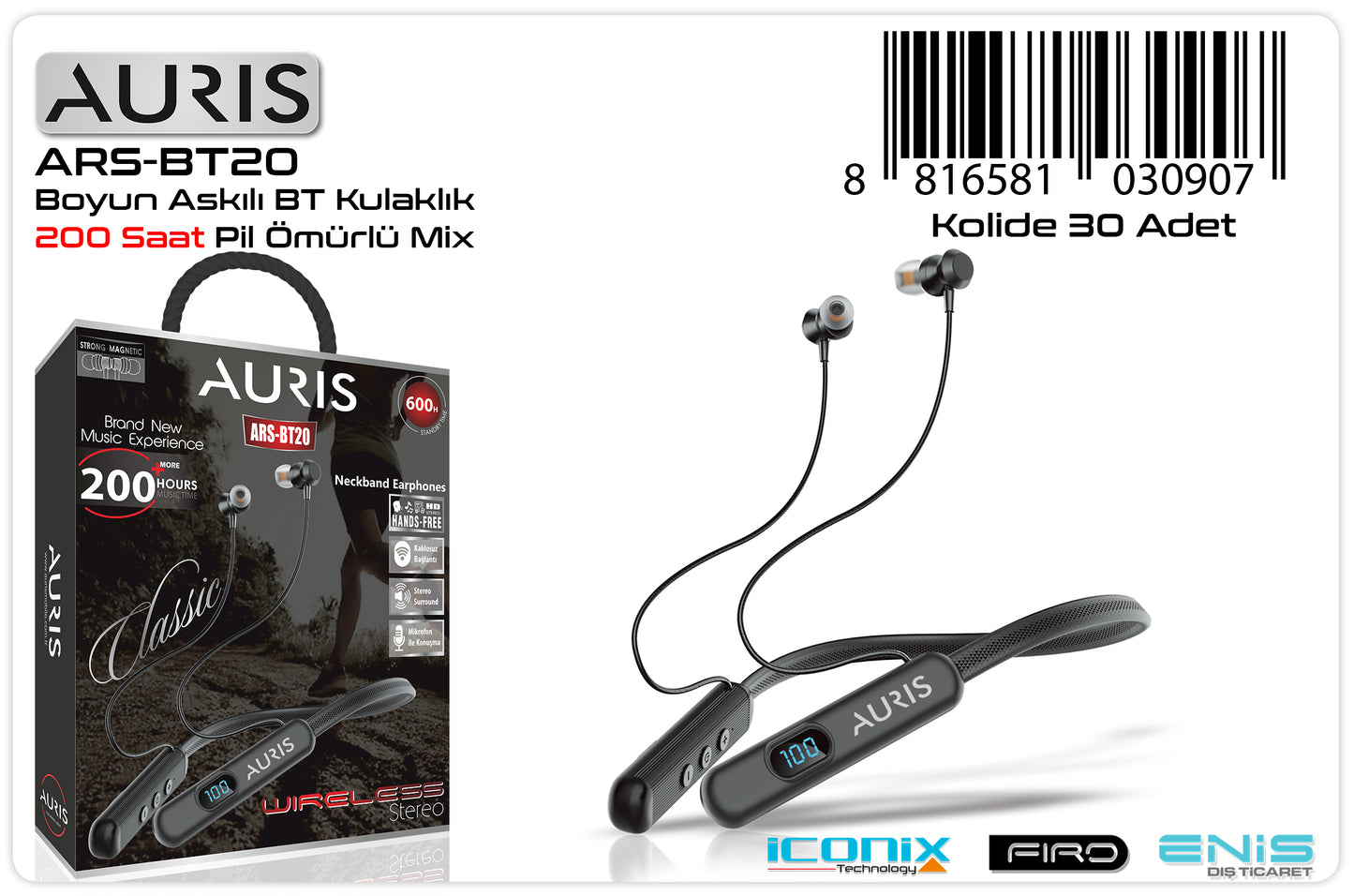 Toptan Bluetooth Kulaklık | Auris BT20 Lcd 200 Saat Boyun Askılı