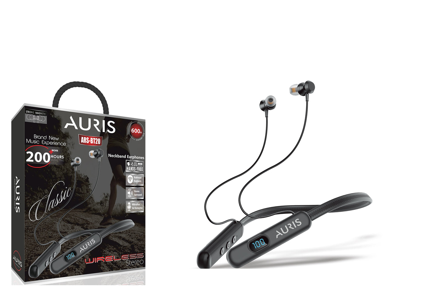 Toptan Bluetooth Kulaklık | Auris BT20 Lcd 200 Saat Boyun Askılı