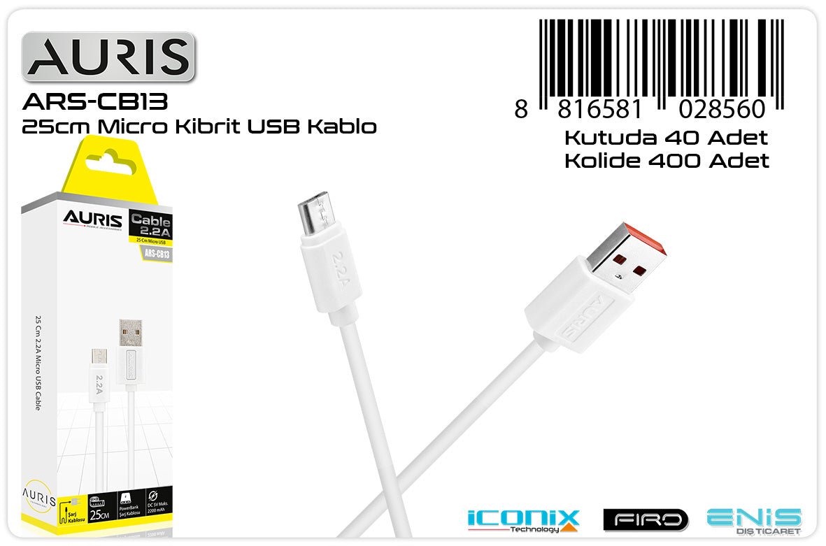 Toptan Şarj Kablosu | Auris CB13 Micro Kablo 25cm