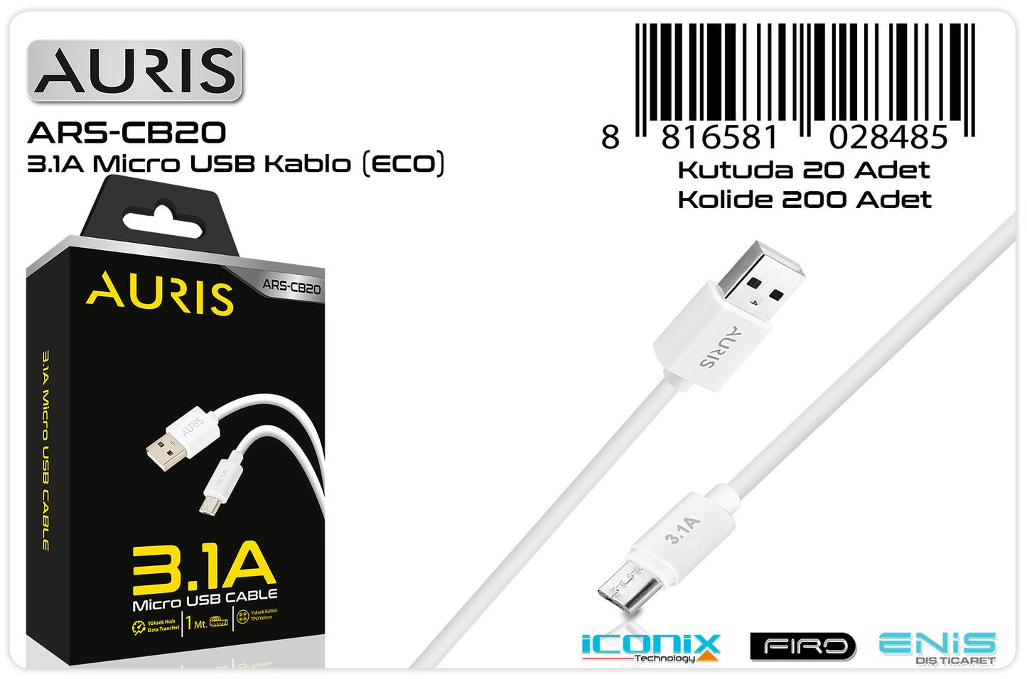 Toptan Şarj Kablosu | Auris CB20 Eco Micro Kablo 3.1A