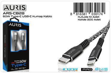 Toptan Şarj Kablosu | Auris CB28 Usb-C Type-C Kumaş 60W