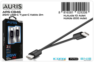 Toptan Şarj Kablosu | Auris CB46 2M Usb-C Type-C Kablo 25W