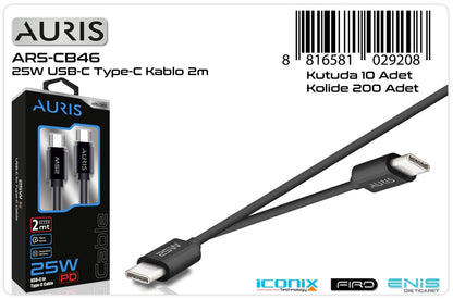 Toptan Şarj Kablosu | Auris CB46 2M Usb-C Type-C Kablo 25W
