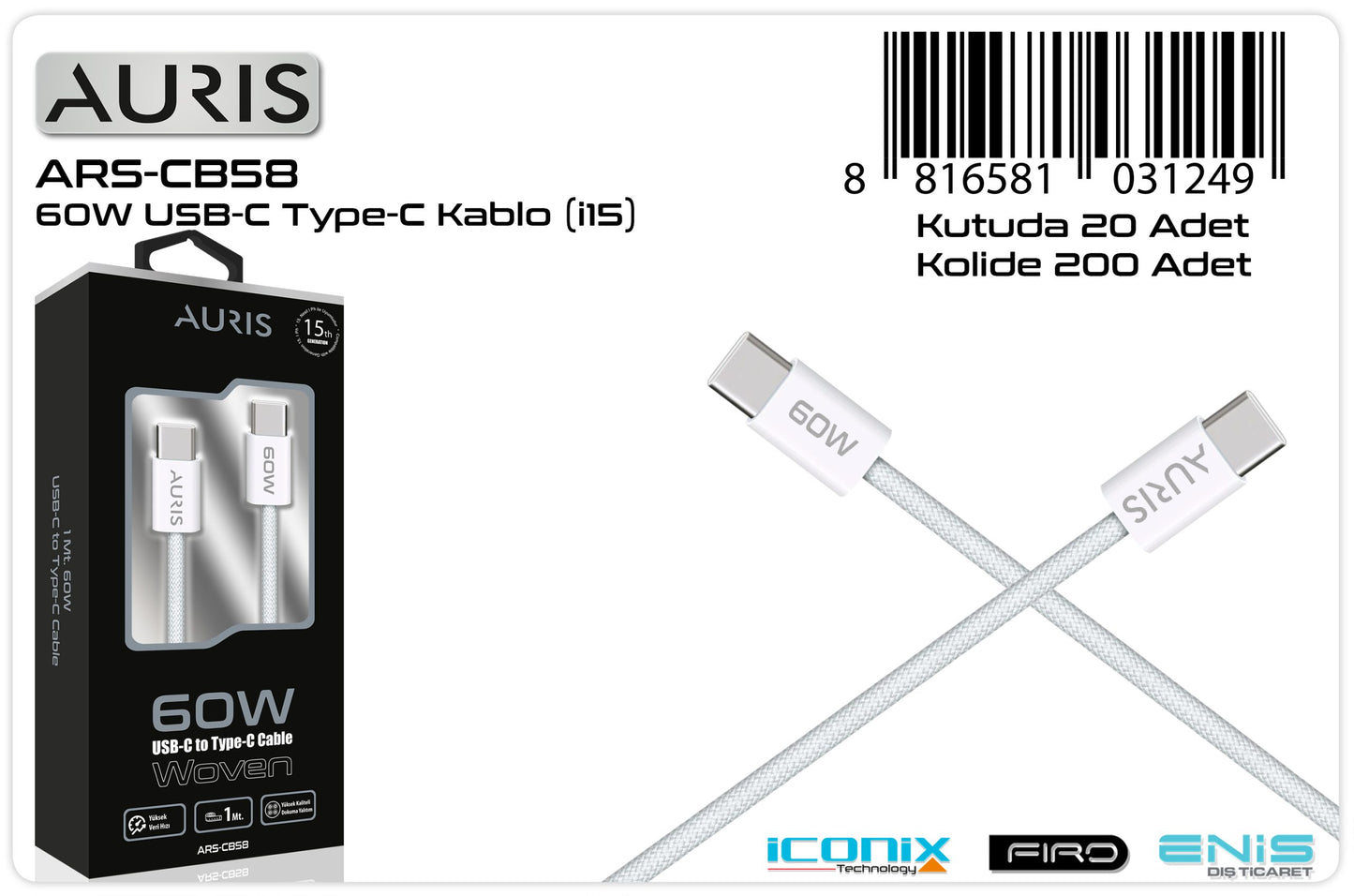 Toptan Şarj Kablosu | Auris CB58 60W Usb-C Kablo ( İ15 )