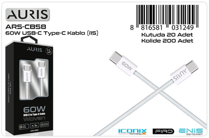 Toptan Şarj Kablosu | Auris CB58 60W Usb-C Kablo ( İ15 )