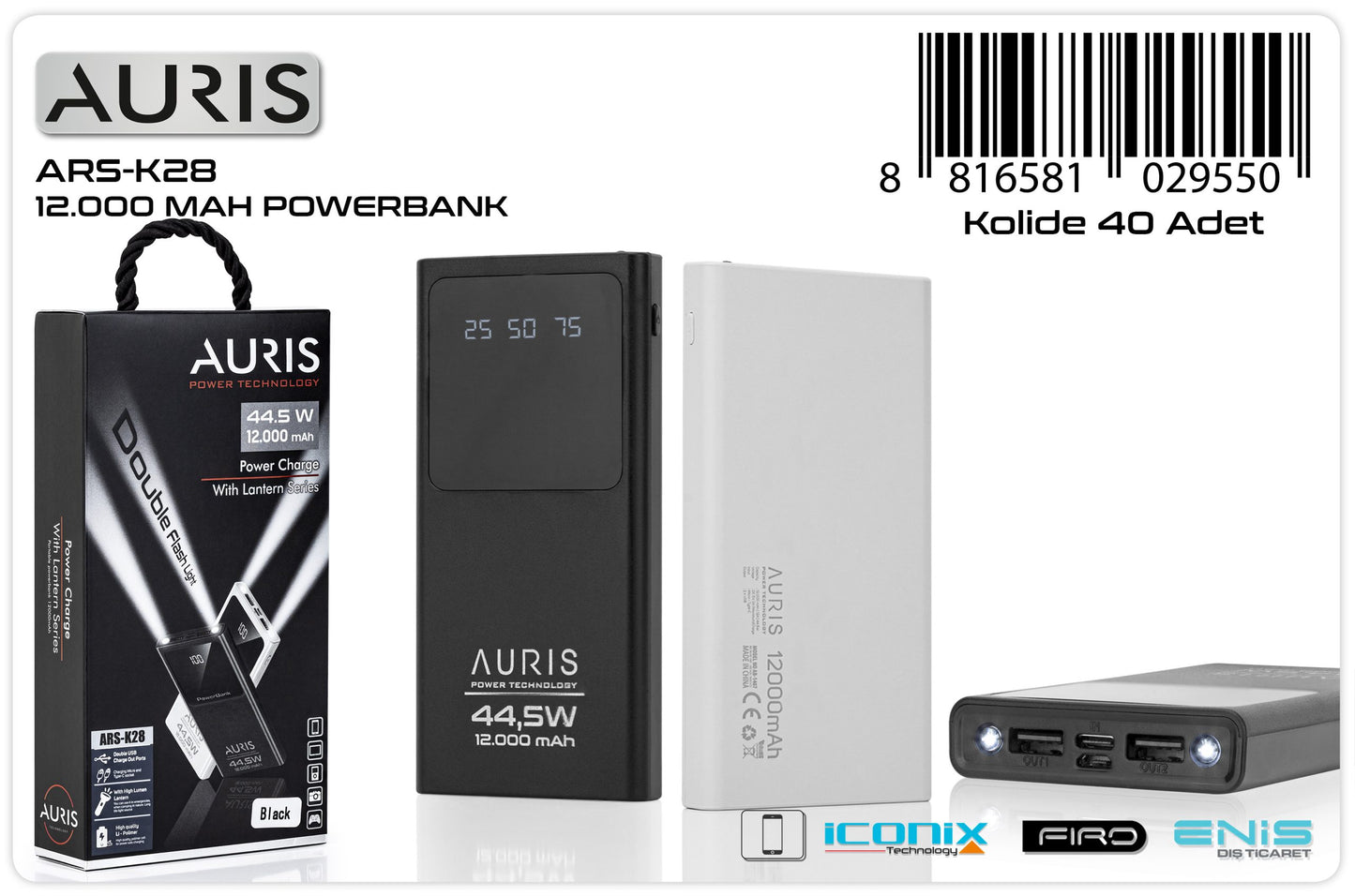 Toptan Powerbank | Auris K28 12.000 Mah Lcd+Fener