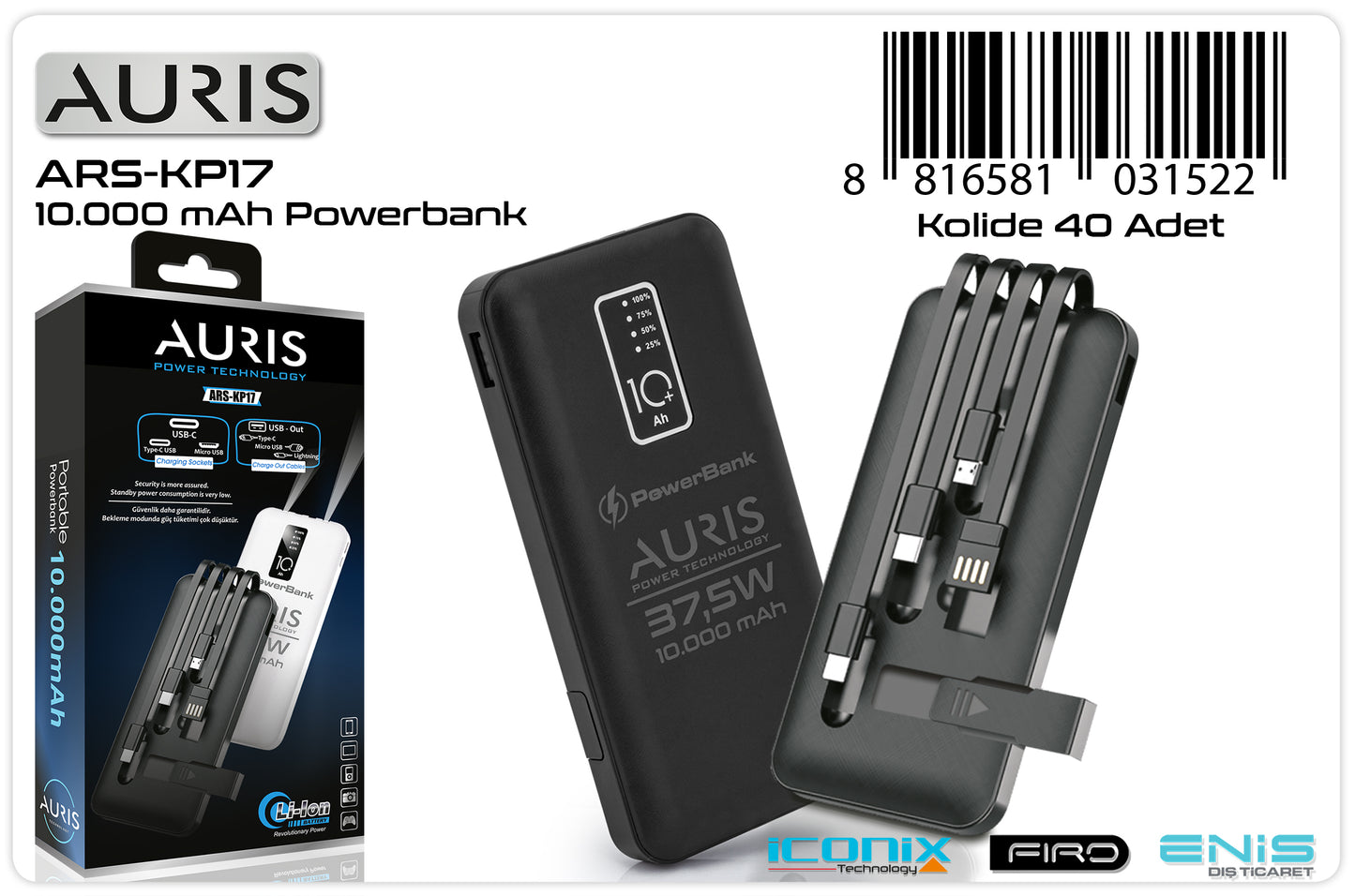 Toptan Powerbank | Auris KP17 10.000 Mah Kablolu Standlı
